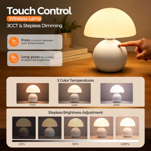 NIORSUN Wireless Mushroom Lamp,3CCT Table Lamp for Bedroom, Portables Cordless Lamps,Wireless lamp,Small Bedside Table Touch Lamps for Living Room,Mushroom 5200mAh Battery Operated Lamp Modern (White) - color: 3CCT White, size: 1 Pack-Wireless