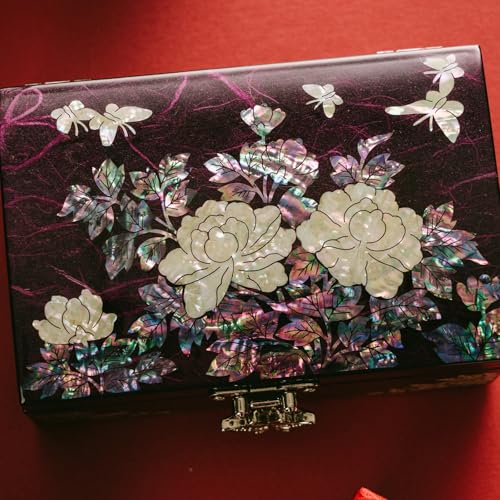 February Mountain Mother-of-Pearl Jewelry Box – Elegant Purple Lacquered Keepsake with Peony & Butterfly Design, Red Velvet Interior – Christmas, Birthday Gift, Unique Jewelry Organizer for Women - color: Purple Haze