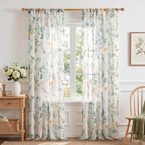 MYSKY HOME Green Sheer Floral Curtains 90 Inch Length for Living Room - color: Green, size: 52"W x 90"L (Pack of 2)
