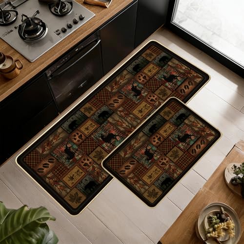 Cabin Kitchen Mats for Floor,Rustic Rug,Deer Country Lodge Wildlife,Vintage Kitchen Rug Set of 2 Washable Floor Mats Non Slip Rubber Runner Rugs Standing Mat Area Rugs for Stove,Sink,17x29+17x47 inch - color: Brown