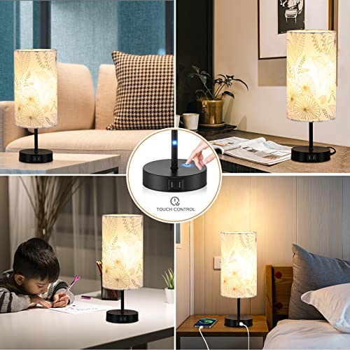CINSARY Touch Control Bedside Lamp with 2 USB Ports, 3-Way Dimmable Table lamp for Bedroom, Nightstand Lamp with Round Flower Fabric Shade for Living Room Home Office (E26 LED Bulb Included) - color: White-15“ H