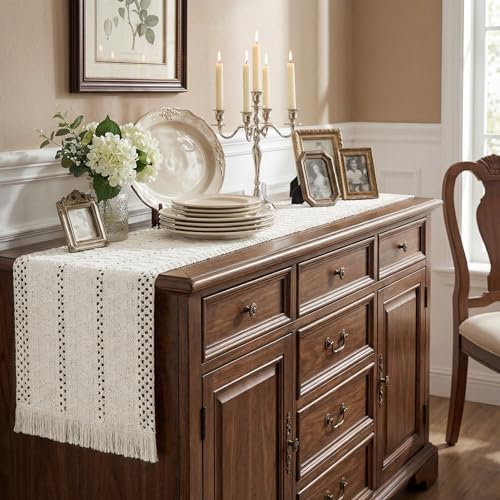 Boho Macrame Table Runner with Tassels 72in White Farmhouse Runner - color: White, size: 12'' x 72''