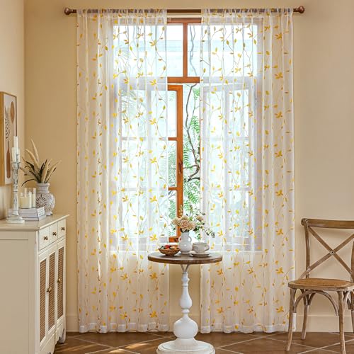 AmHoo 2 Panels Embroidered Leaf Pattern Semi Sheer Curtains Foliage Floral Voile Window Draperies Treatment for Bedroom Living Room Rod Pocket White Gold Yellow 53 x 63 Inch - color: White Gold Yellow, size: 53"W x 63"L (Pack of 2)