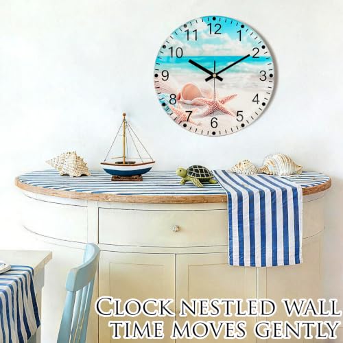 Beach Wall Clock, 14 Inch Glass Wall Clocks Battery Operated - color: Blue White, size: 14 Inch