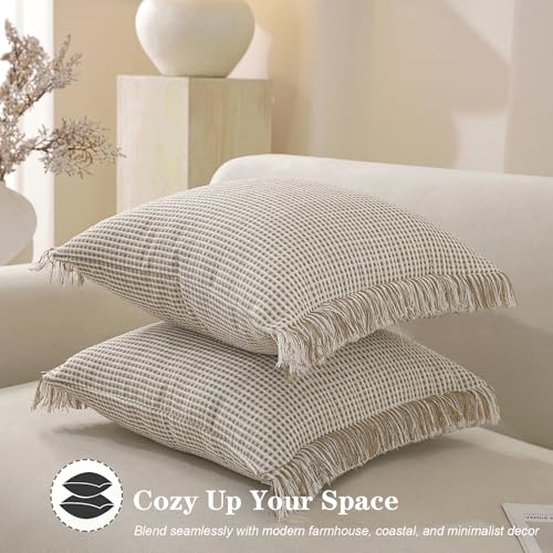 Handmade Tassel Boho Striped Fringe Pillow Covers Set of 2-20x20 Inch - color: Khaki, size: 20" x 20" (Pack of 2)