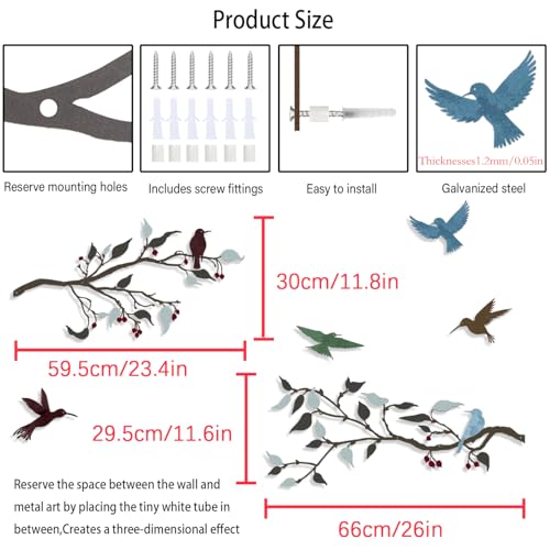 4PCS Metal Birds Wall Decor, Birds on the Branch Silhouette Art, Metal Leaves with Hummingbirds Outdoor Art Hanging Wall Sculpture for Home Office Balcony Garden Decor.(Colorful,Hummingbirds) - color: Colorful A