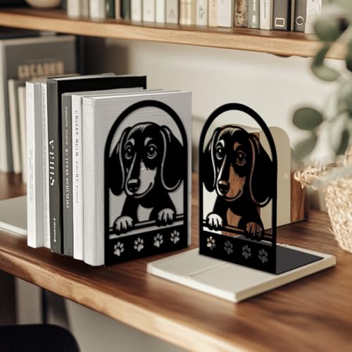 Peacoblue 5.3"x4.3"x7.9" Metal Bookends, Heavy Duty Book Ends for Shelves - style: Sausage Dog with Paw Prints