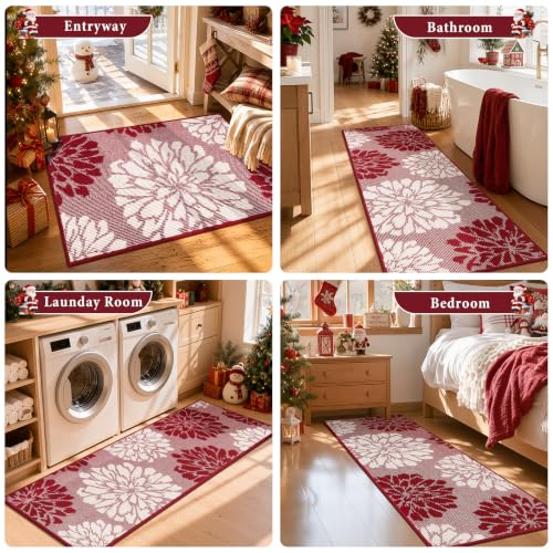 Findosom Christmas Kitchen Rugs Sets of 2, Floral Washable Kitchen Runner - color: Red, size: 24" x 36" + 24" x 60"