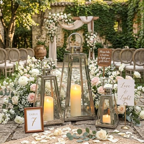 TRIROCKS Set of 3 Stainless Steel Candle Lantern 21''&16''&11'' High Metal Candle Holder with Tempered Glass Panels for Christmas Home Decor Living Room Parties Events Indoors Outdoors (Silver - color: Silver