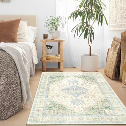 MUJOO 3x5 Rug Washable Boho Area Rugs Low Pile Non Slip Green and Blue - color: Green and Blue, size: 3' x 5' (Rectangular)