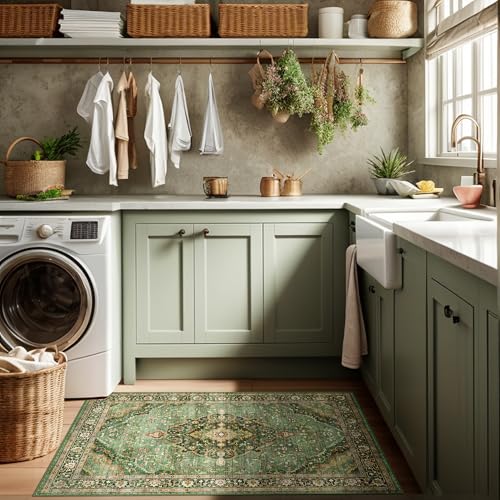 Green Runner Rug 2x4 Rugs Boho Small Washable Runner Rugs for Entryway Bathroom Kitchen, Small Rugs Soft Low Pile Non-Slip Rubber Backing Oriental Door Mat - color: Border Green, size: 2'x4'