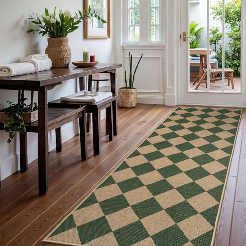 Lahome Checkered Easy Jute Kitchen Runner Rug, 2x8 Outdoor Rugs Washable - color: Deep Green/Nature-2, size: 2'6" x 8' (Runner)