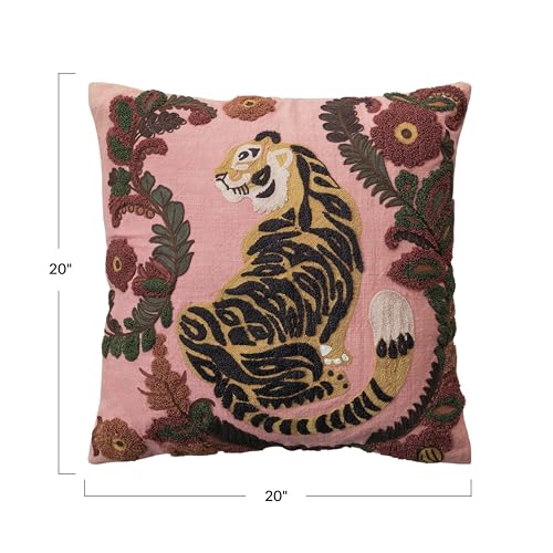 Creative Co-Op Embroidered Tiger and Flowers Cotton Slub Pillow, Multicolor - size: 20” L x 20” W