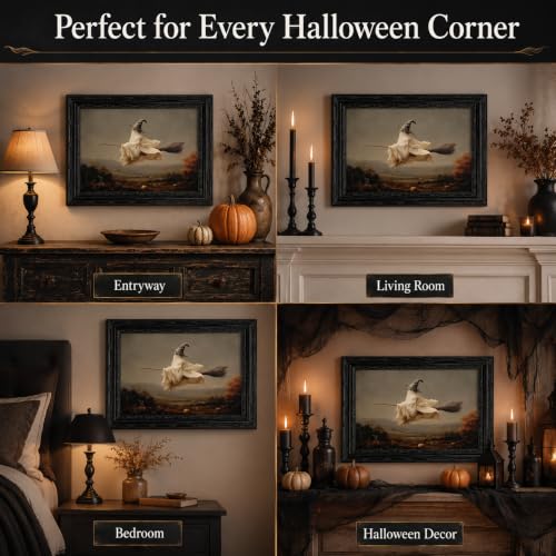 Framed Ghost Halloween Canvas Wall Art Witchy Broom Wall Decor 9x11 Inch