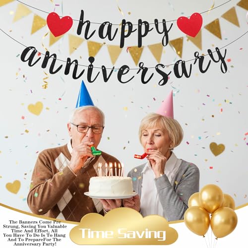 Black Happy Anniversary Banner, Anniversary Party Decorations