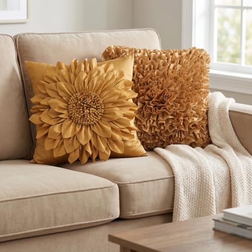 3D Gold Ruffle Accent Decorative Throw Pillow Covers for Bed Sofa Couch - color: Gold
