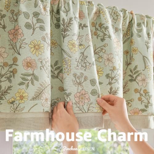 jinchan Maia Floral Linen Double Layer Valance 16 Inch 1 Panel Green - color: Maia Green on Linen, size: 50"W x 16"L (Pack of 1)