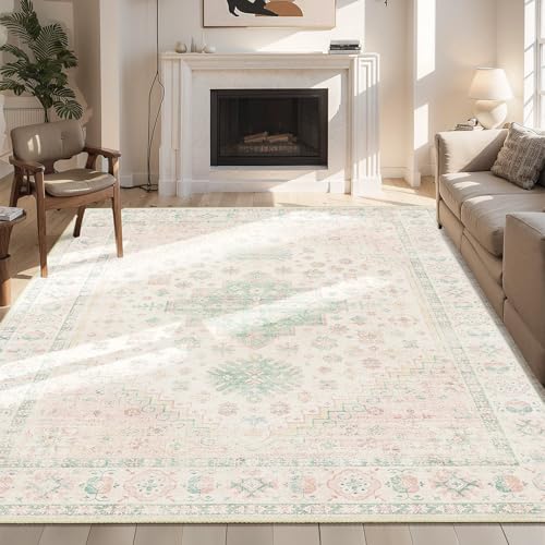 MUJOO 6x9 Area Rugs Washable Boho Low Pile Non Slip Pink and Green Large - color: Pink and Green, size: 6' x 9' (Rectangular)