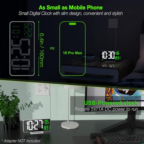 KOSUMOSU Alarm Clock for Bedroom, 6.7" Led Desk Digital Clock,Mirror Clock,Dual Alarm Clock for Living Room with Seconds,Date,Week,12/24h,Dimming,Temp - color: White Clock(white + Green Digits)