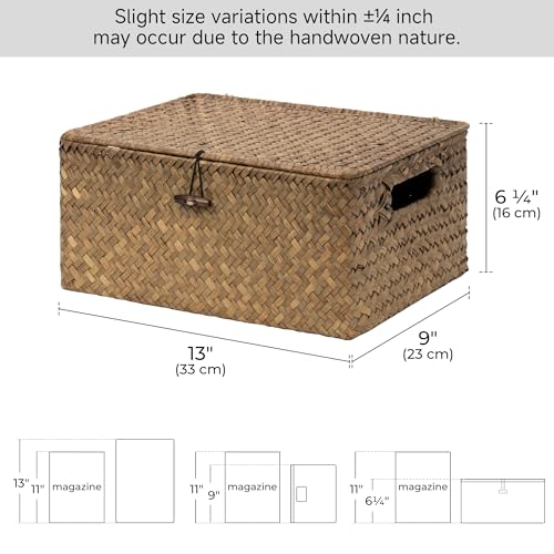StorageWorks Wicker Basket with Lid, Storage Baskets with Lids, Brown - color: Brown(Seagrass), size: 13"L × 9"W × 6 ¼"H