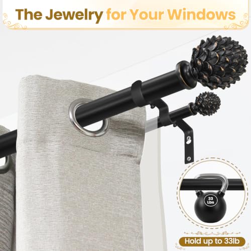 Double Layered Curtain Rod with Black Pine Cone Finials, 28"-48" - color: Black, size: 28"-48"