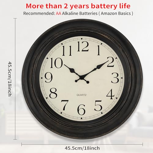 Foxtop Large Wall Clock 18 Inch Silent Non Ticking Battery Operated Classic Vintage Retro Wall Clock Decorative for Living Room Kitchen Home Office (Bronze) - color: Bronze Classic Vintage, size: 18 Inch