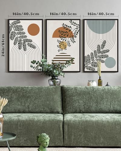 Drsoum Large 16x24in Botanical Boho Wall Art Framed Modern Plant Leaf Bohemian Wall Decor Abstract Geometry Lines Prints Ready to Hang Black Framed - color: Beige Bohemain, size: 16" x24" x3pcs, Black Framed