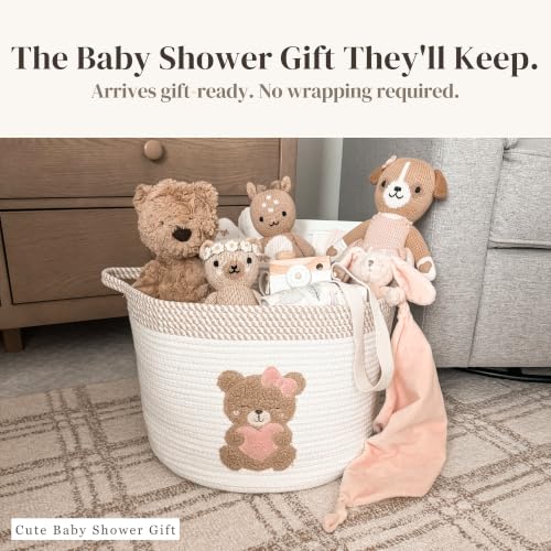 Pink Teddy Bear Baby Storage Basket, Cotton Rope Nursery Bin, 15x11 in - color: Girl Teddy