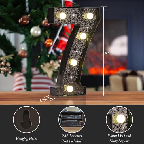 Black Glitter LED Marquee Number 7, Warm White Light Decor Sign - size: Number-7