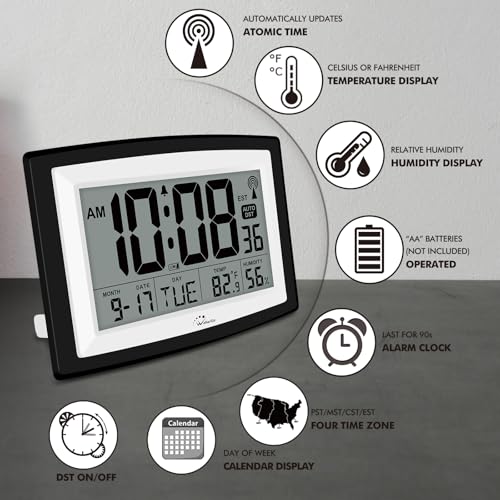 WallarGe 12.5 Inch Atomic Clock with Indoor Temperature and Humidity - size: Large