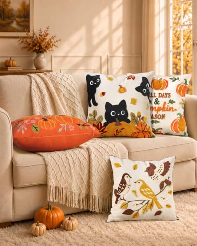 Fall Embroidered Throw Pillow Cover 18x18 Inch, Cat Pumpkin - color: Cat Pumpkin, size: 18" x 18" (Pack of 1)