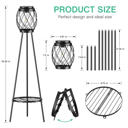 MXwcy Solar Floor Lamp with Plant Stands,Solar Lights Outdoor with Vintage LED Edison Bulbs, Weatherproof Garden Lights for Pathway, Patio, Yard, 8-10 Hours Lighting, IP55 Waterproof - color: B- 1Pack Black - Edison bulbs, size: Medium