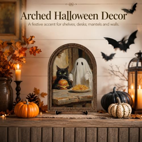Halloween Burger Ghost Arched Wood Frame Decor, Black Cat Funny Wall Art - color: Color 22