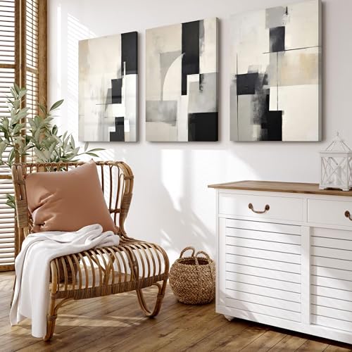 3Pcs Framed Neutral Abstract Canvas Wall Art Pictures Modern Minimalist Posters Prints Beige Black Brown Simple Wall Decoration for Living Room Bedroom Bathroom Office 12x16in - color: Canvas, size: 16"L x 12"W