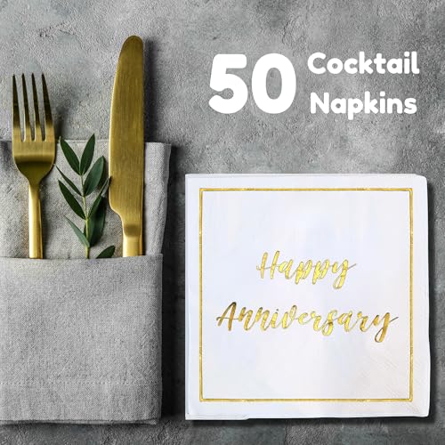Happy Anniversary Decorations, 50 Pack, Gold Foil Cocktail Napkins, Wedding Dating Anniversaries Decorations Decor Supplies, Beverage Napkin
