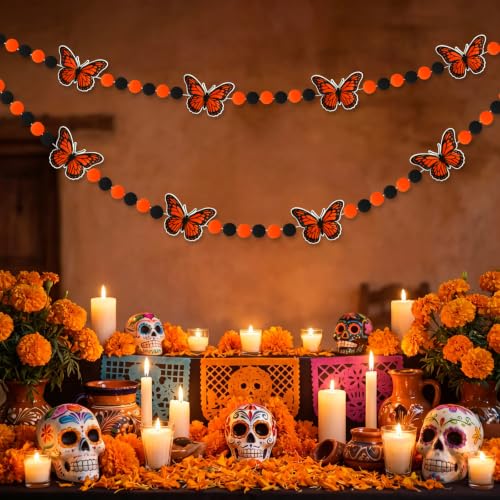 Jansun Day of the Dead Garland 3D Felt Monarch Butterfly Banner Decor - color: Black Qrange