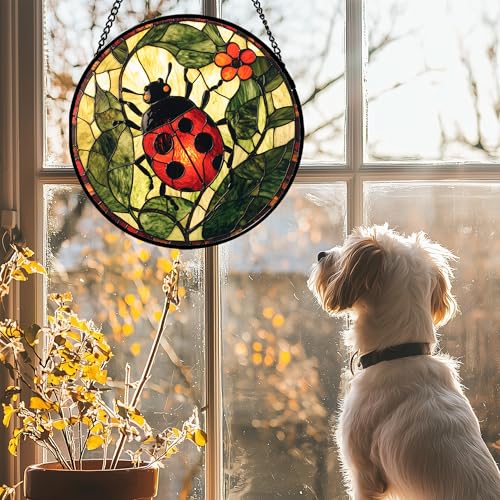 Ladybug Flower Stained Glass Window Hanging Suncatcher Gifts for Women 12" - color: Red and Black, size: 11.8x11.8 IN