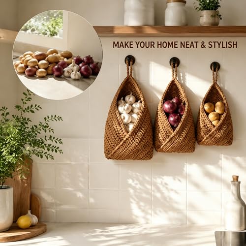 Boho Hanging Wall Baskets for Kitchen – 3 Pack Handwoven Jute Teardrop Storage Baskets with Adhesive Hooks for Fruit Onion Potato Vegetable, Farmhouse Wall Decor (Linen/Triangle/Jute, 3 Sizes)