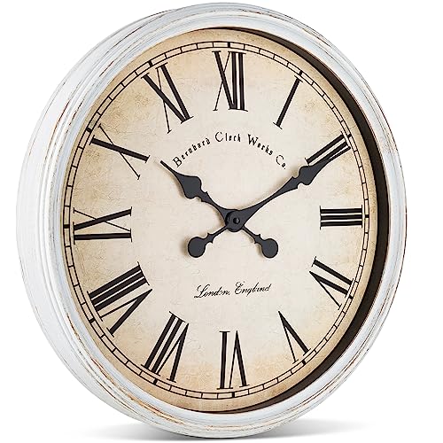 Bernhard Products Large Decorative Wall Clock 20 Inch Silent Non Ticking Battery Operated Quartz Vintage Stylish with Rustic White Rim for Home Living/Dining Room Kitchen & Over Fireplace - style: Rustic White