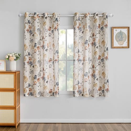 MYSKY HOME Linen Floral Curtains & Drapes 63 Inch Long 2 Panels Semi Sheer Light Filtering Privacy Flower Print Grommet Window Treatments for Kitchen Bedroom, 52" Wide Each Panel, 2 Pcs, Yellow - color: A-yellow, size: 52"W x 63"L (Pack of 2)