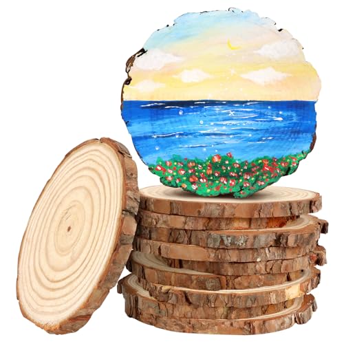 FSWCCK 10 PCS Unfinished Wood Slices for Centerpieces,4.7-5.1 Inch,Round Natural Discs with Tree Bark,Wooden Cookies Circles for Crafts Christmas Ornaments, Rustic Wedding Table Decoration (4.7"-5.1") - size: 10 Pcs 4.7"-5.1"