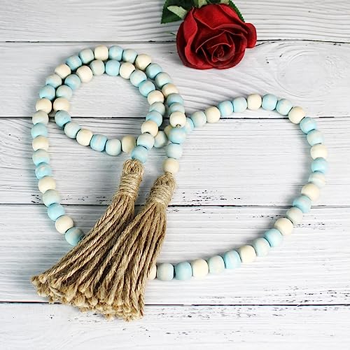 CVHOMEDECO. Wood Beads Garland with Tassels Farmhouse Rustic Wooden Prayer Bead String Wall Hanging Accent for Home Festival Decor. Teal Mix Distressed - color: Teal Mix Distressed