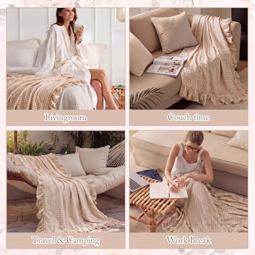 100% Cotton Taupe Gingham Muslin Throw Blanket 6 Layers Ruffled - color: Taupe
