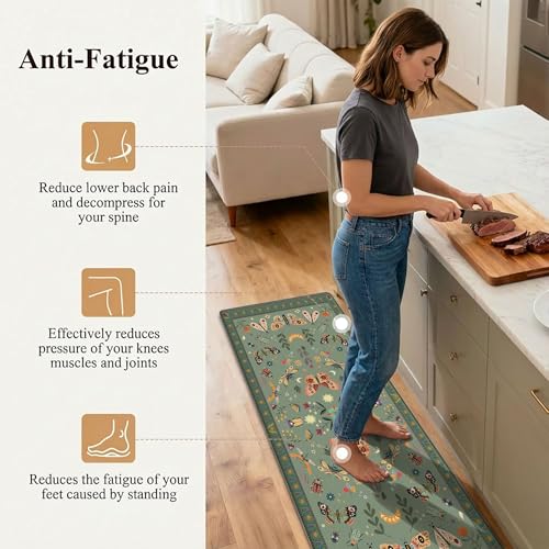 Anti Fatigue Mats for Kitchen Floor Green Kitchen Rugs Sets of 2 Bug Insect Butterfly Non Slip Cushioned Waterproof Comfort Memory Foam Standing Floor Mat for Office Laundry Sink Desk - color: Insect, size: 46"Lx17"W+29"Lx17"W-0.3"H