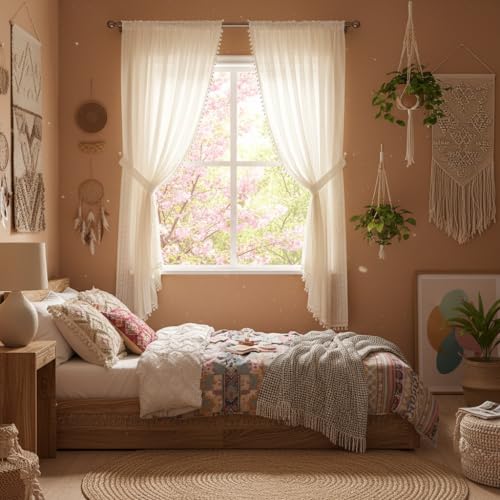 WAZZIO Boho Lace Curtains 63 inch Curtains 2 Panel,Rod Pocket Vintage Bohemian Farmhouse Crochet Cotton Geometry Privacy Sheer Curtain Drapes Farmhouse for Living Room Bedroom,Beige - color: Beige, size: 59"W x 63"L (Pack of 2)