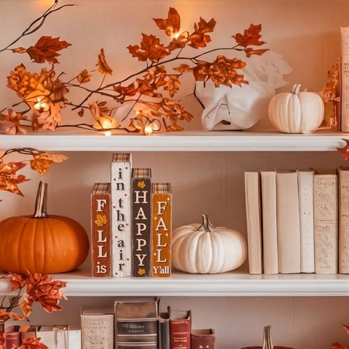 Xuhal 4 Pcs Wooden Fall Decorations Rustic Farmhouse Book Stack for Home - style: Fall