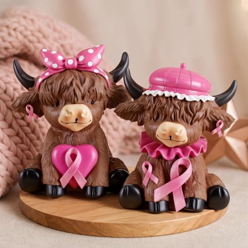 Karenhi 2 Pcs Breast Cancer Awareness Highland Cow Figurines, Pink Ribbon - style: Breast Cancer