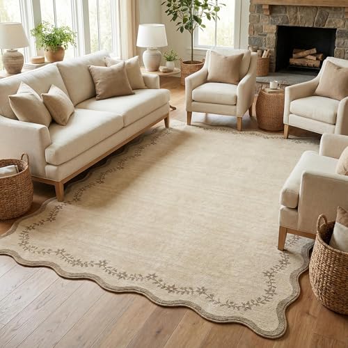 GarveeHome 5x7 Scalloped Area Rug Jute Washable Bedroom Living Room Rug - color: Jute, size: 5' x 7' (Rectangular)