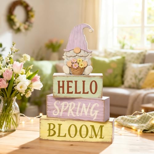 Spring Decoration Wooden Tiered Tray Decor – Rustic Hello Spring Bloom Gnome Stacked Block Sign with Flower Basket Topper – Farmhouse Tabletop Spring Decor for Living Room Shelf Kitchen Coffee Bar Seasonal Home Display - style: Gnome