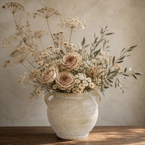 Briful Rustic Farmhouse Vase with Handles, 7.4" Ceramic Vases for Tabletop - color: Cream White#754
